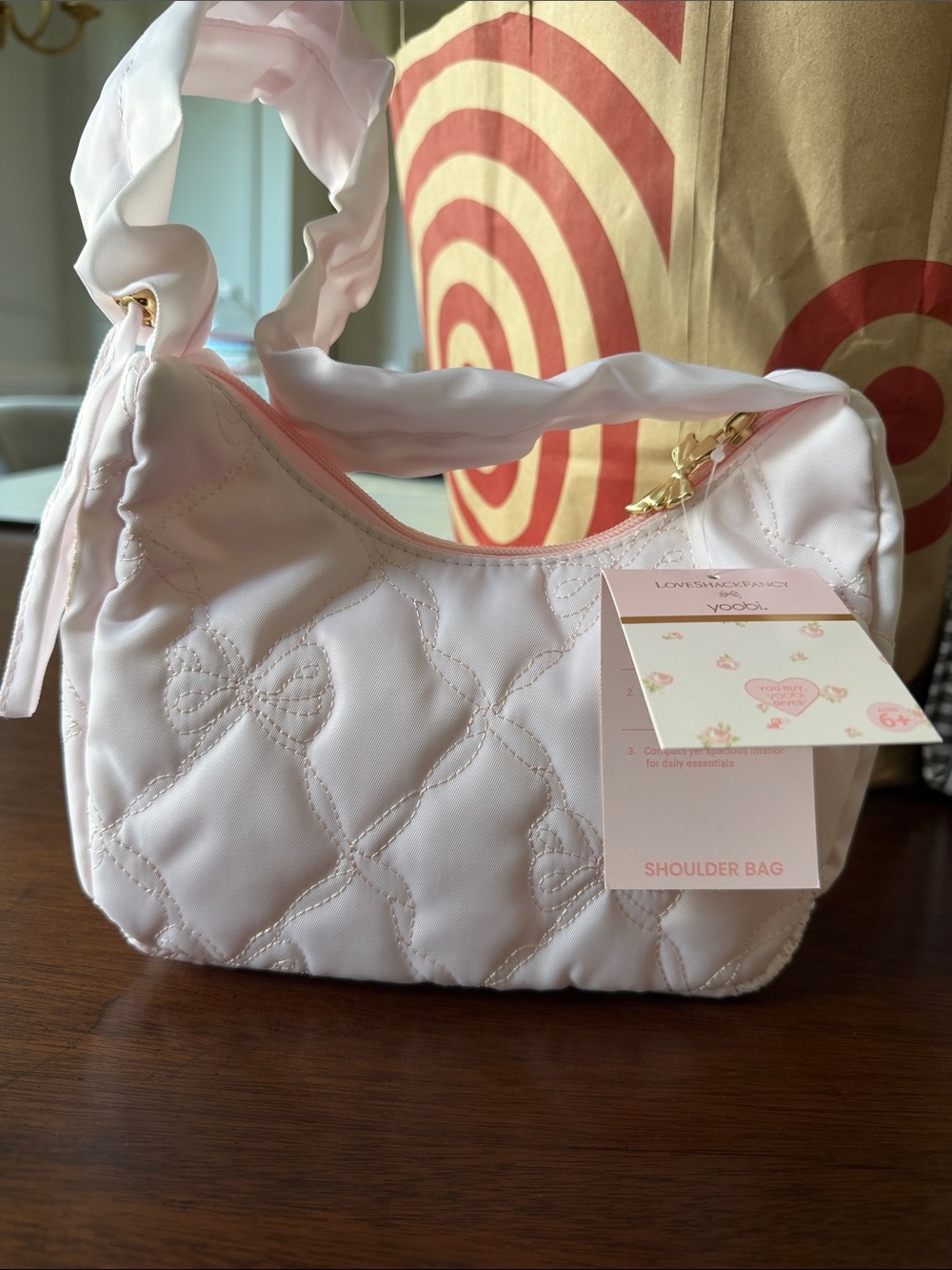 LoveShackFancy Light Pink Quilted Bow-Accent Shoulder Bag